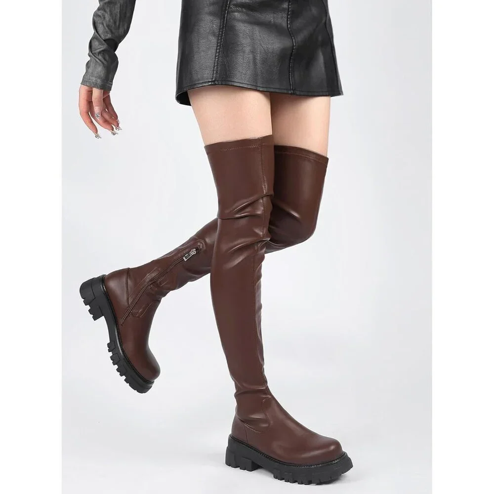 Women Brown-pu Synthetic Comfortable Thigh High Over The Knee High Boot